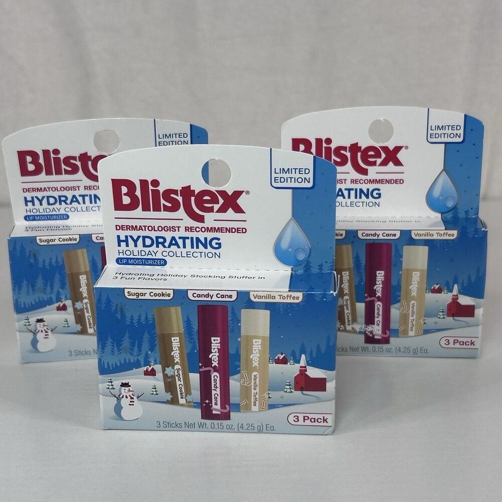 Blistex Holiday Lip Balm Sugar Cookie+Candy Cane+Vanilla Toffee 3 Packs Of 3